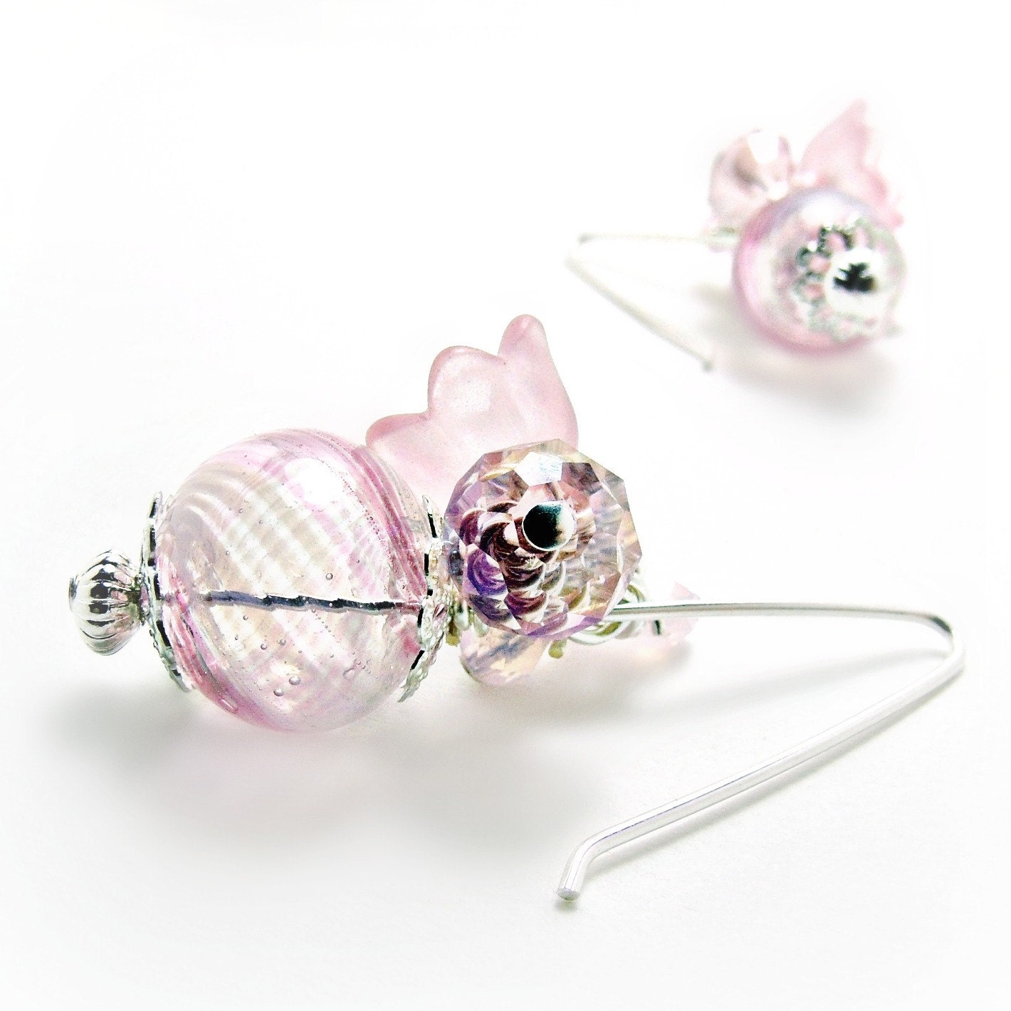 Blush Pink Blown Glass Earrings w/ Czech Crystals - Pink Jewlery- Valentines Day- Flower Earrings- Flower Jewelry- Sterling-Silver- Spring
