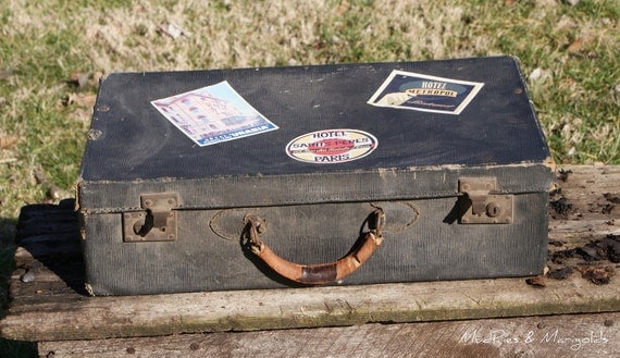 Vintage Suitcase Wedding Card Box WITH petite burlap bunting CARD BANNER
