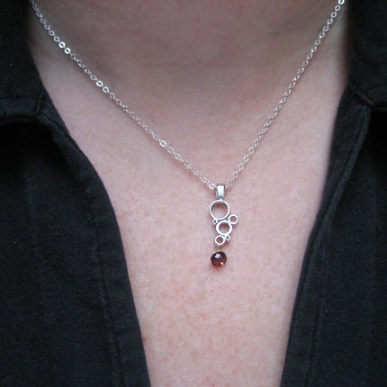 READY TO SHIP, Tiny bubbles, sterling circles, red garnet, Modern oxidized sterling silver Bubbles necklace, 16 inch chain
