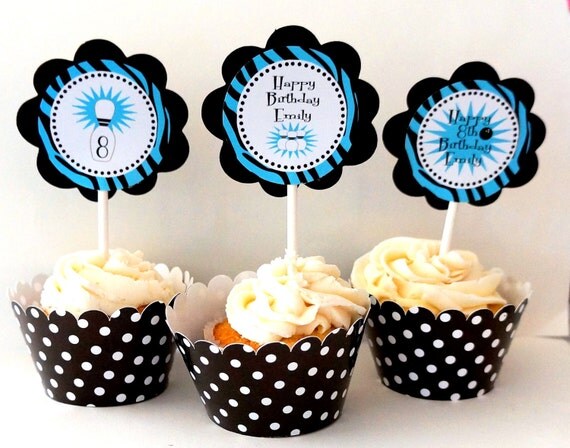 Zebra and Turquoise Bowling cupcake Toppers for Girl Bowling Birthday Party