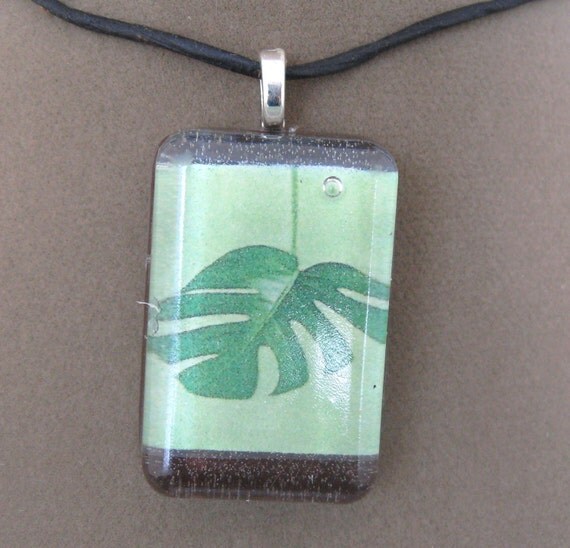 Green Philodendron Leaf Pendant Necklace