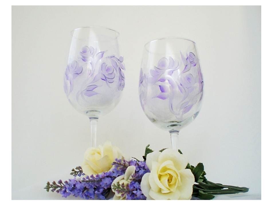 Set of EIGHT Painted CRYSTAL Wine Glasses - Hand Painted Lavender and Metallic Silver Rose Buds - Wedding Anniversary Spring, Sheer, Elegant