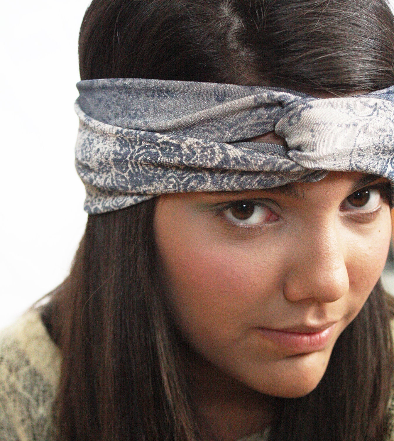 Turban Headband Headwrap in Blue Gray Grey Print