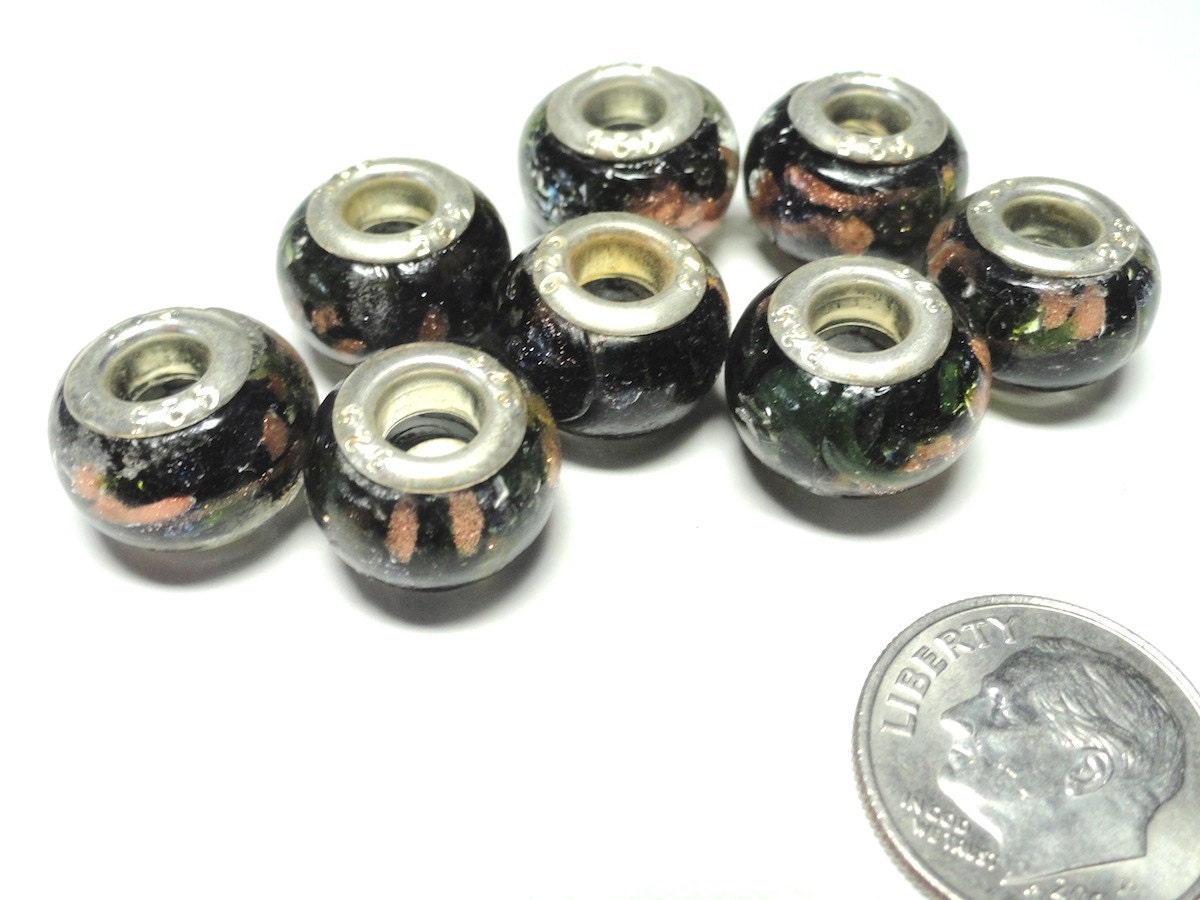 Black with Gold Foil Large Hole Pandora-Style Beads