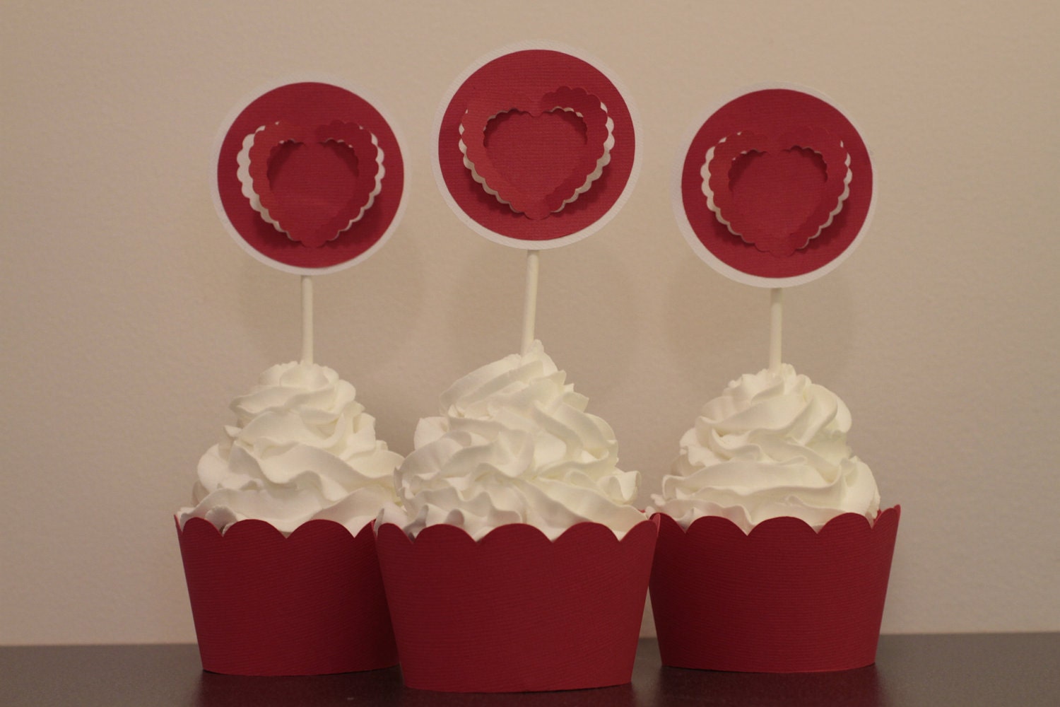 Red and White Scalloped Heart Valentines Day Cupcake Toppers
