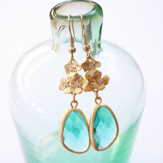 Teal Azalea Dangle Earrings Gold Posts Bridesmaid Earrings Bridal 