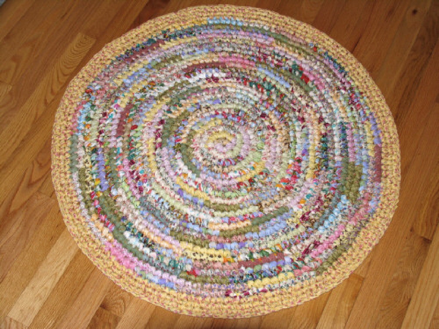 Cotton Fabric Hand Crocheted Round Rag Rug - Pastel with Yellow Border