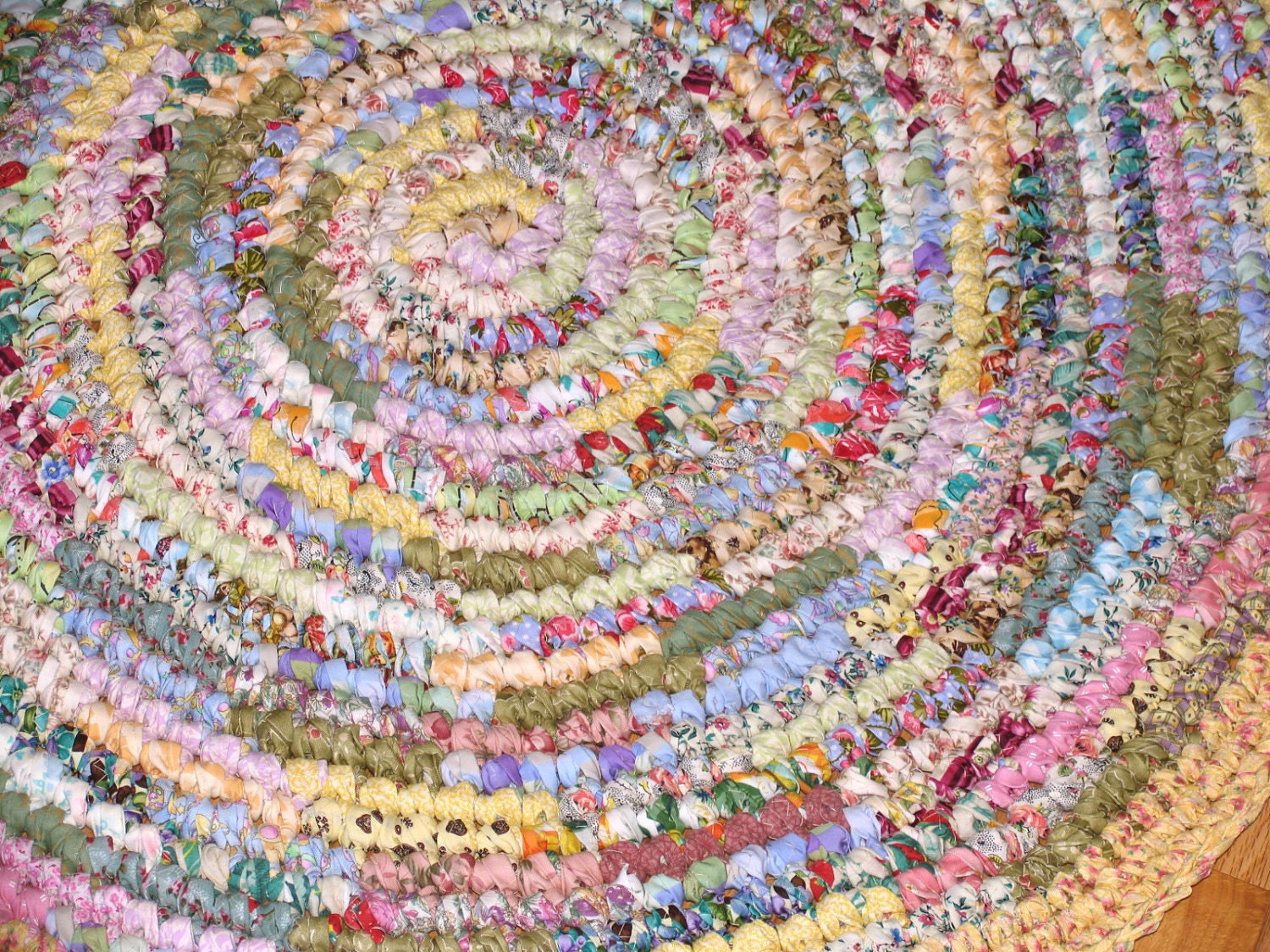 Cotton Fabric Hand Crocheted Round Rag Rug - Pastel with Yellow Border