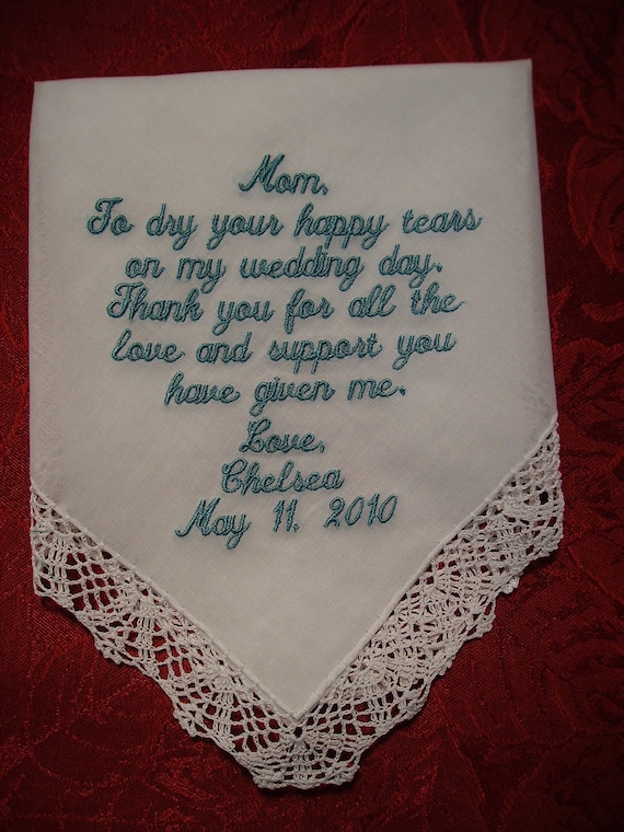 Bride to her Mother Custom Embroidered Wedding Handkerchief Custom Script Font Free Gift Box