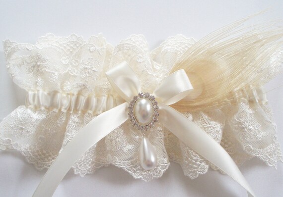Peacock Feather Garter with Ivory Net Lace, Satin Ribbon Bow Topped by Pearl and Crystal Detail - The RACHEL Garter
