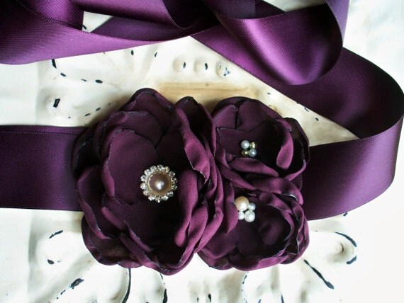 Aubergine Flower Sash Set Bridal Sash Belt Bridesmaids Mother of the 
