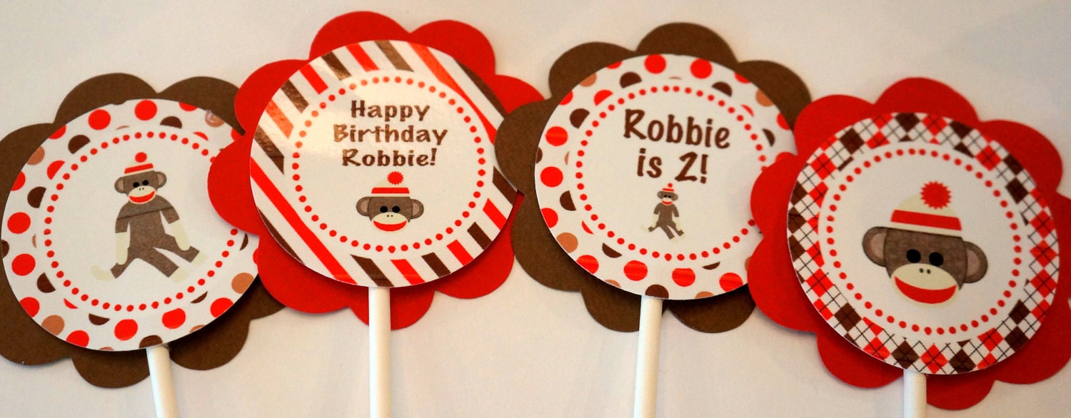 Personalized Boy Sock Monkey Cupcake Kit for Boy Birthday Party Boy Baby Shower in Red and Brown