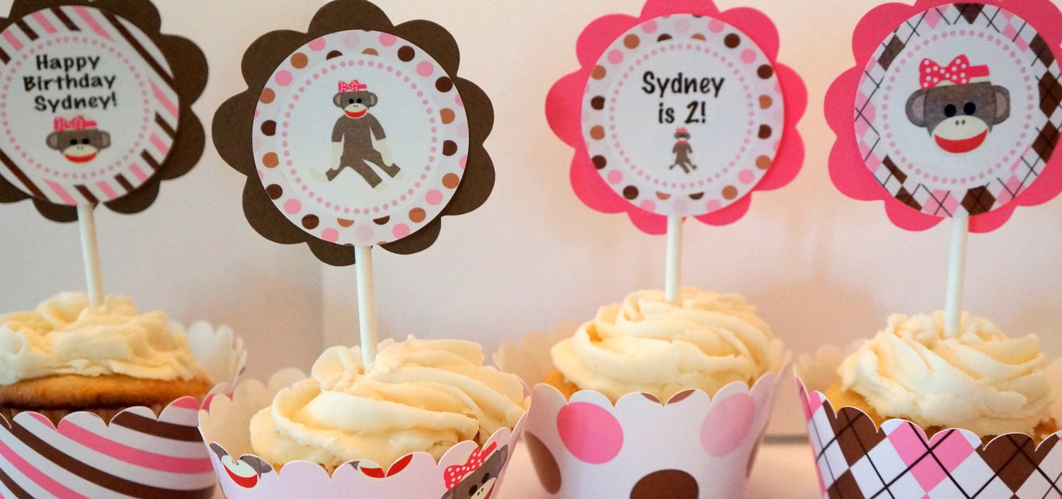 Personalized Girl Sock Monkey Cupcake Kit for Girl Birthday Party Girl Baby Shower in Pink and Brown