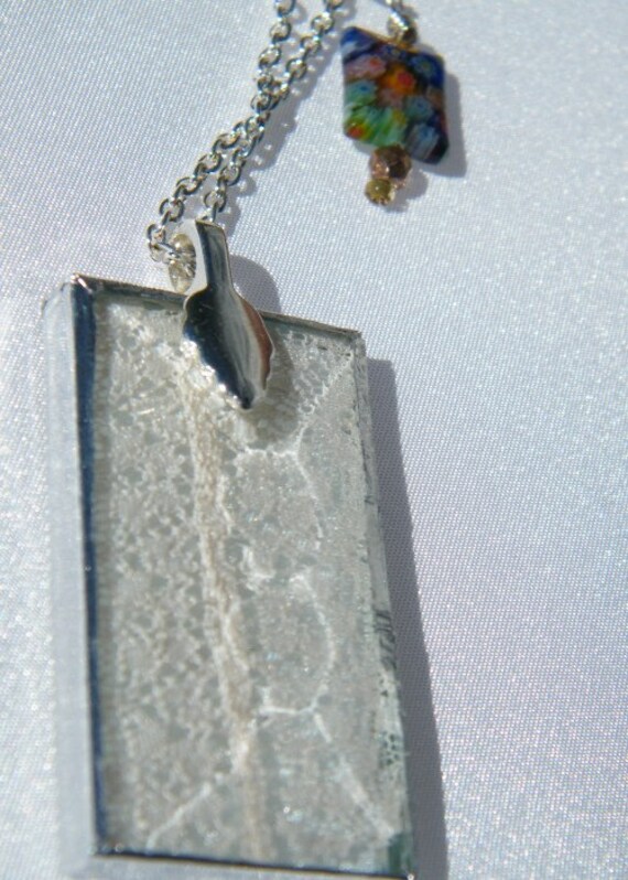 Women's Necklace Glass Encased White Floral Lace, Floral Beads on Sterling Chain