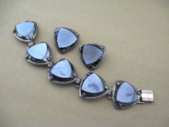 Vintage Bracelet Earrings Set Chunky Black Mirror Glass