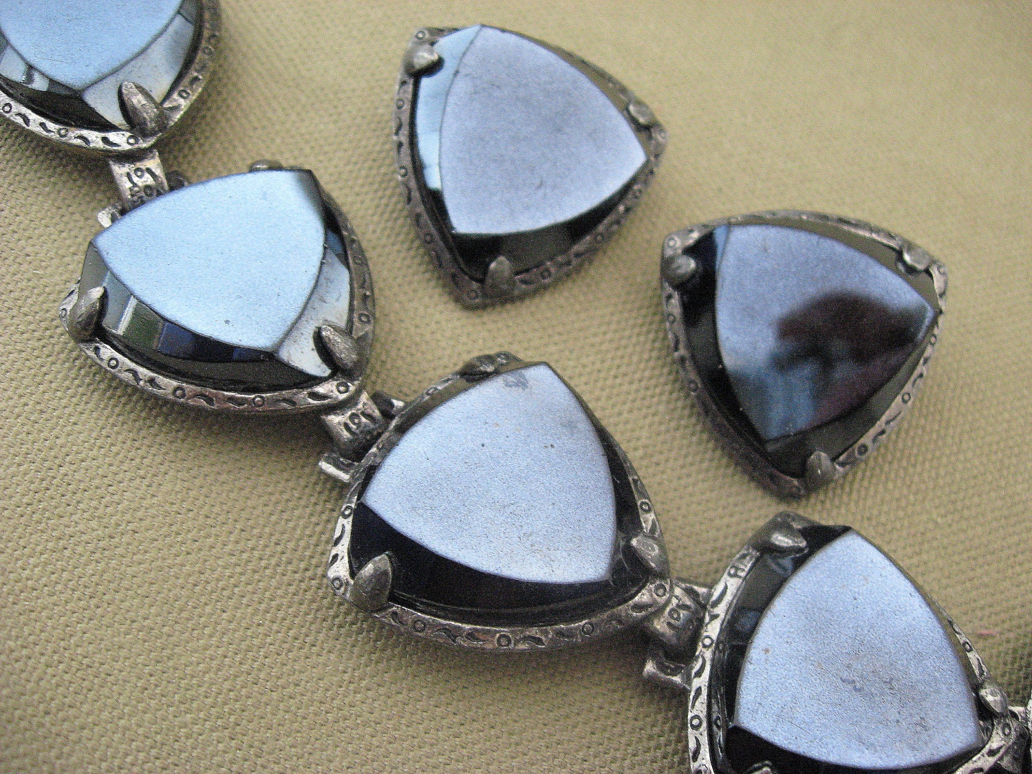 Vintage Bracelet Earrings Set Chunky Black Mirror Glass