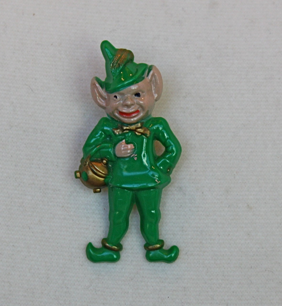 RESERVED FOR BETH   Vintage 40s Leprechaun Brooch Lucky the Leprechaun Green Plastic Pin