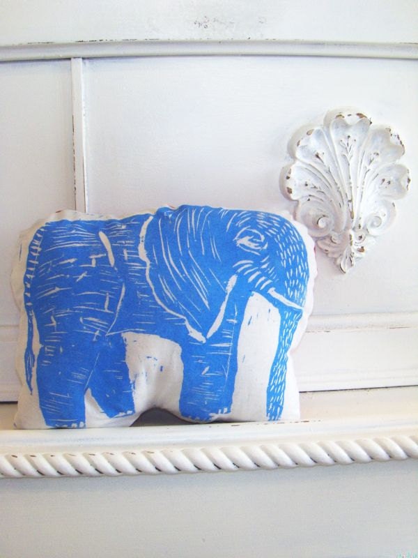 Plush Elephant Pillow in Blue. Woodblock Printed.