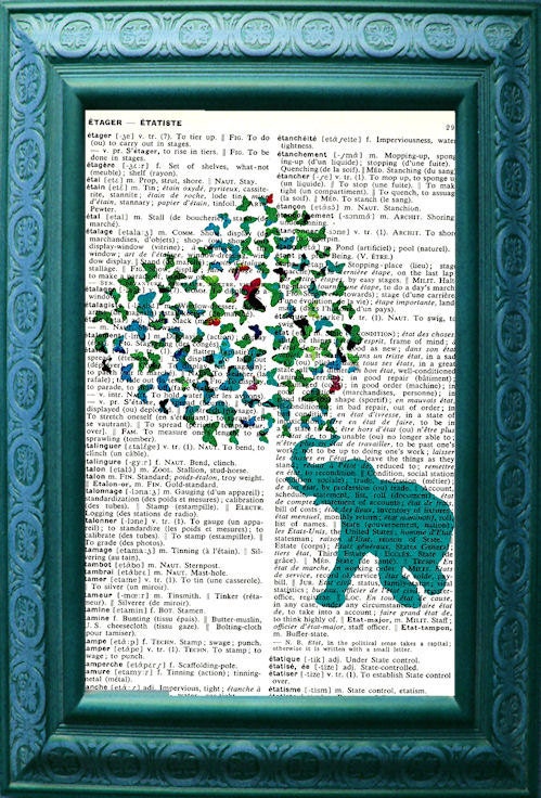Vintage French to English Dictionary Page Original Art Elephant Loves Butterflies Aqua