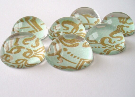 Spring Magnets, Set of 7, Bubble Magnets, Acrylic, Aqua and Gold Scroll Pattern - Teacher Gift