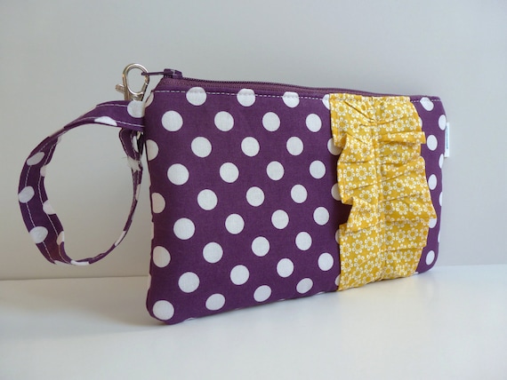 Plum Purple/White Polka Dot Wristlet with Yellow/White Floral Ruffle