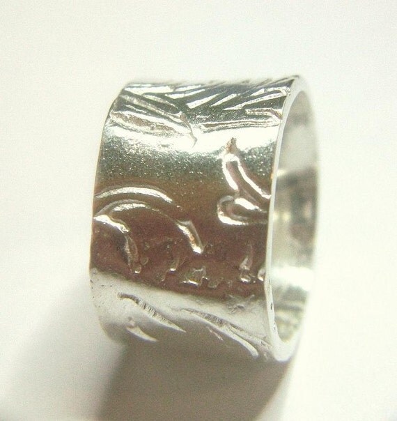 Silver Wide Band Ring Swirl Vine