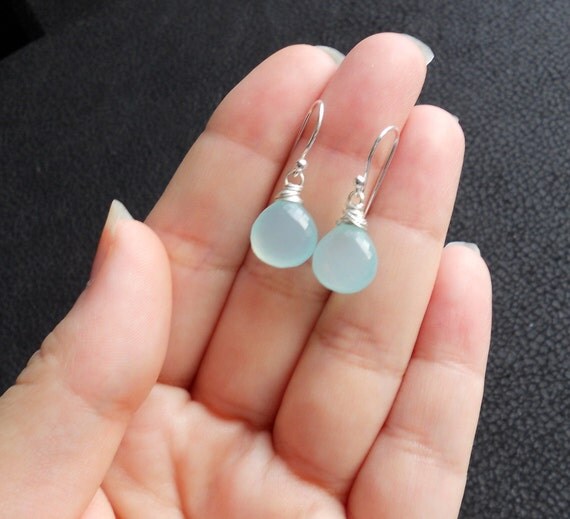 Chalcedony Earrings - Sterling Silver Wire Wrapped Seafoam Chalcedony