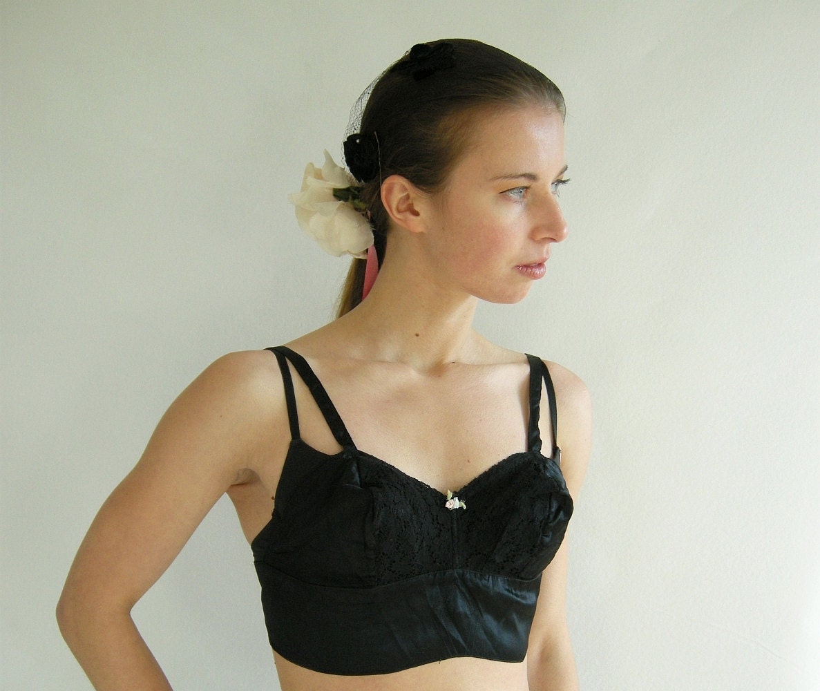 Vintage 30s Bra Bralette Black Rayon Satin and Lace by empressjade from etsy.com