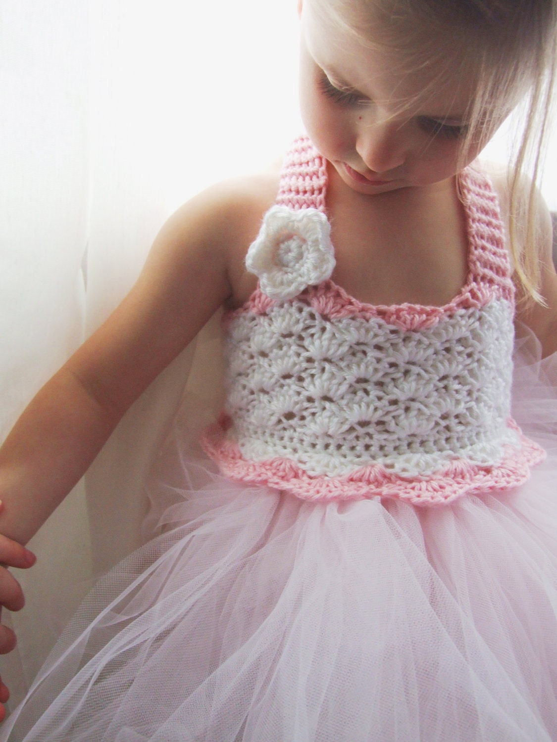 Flower Girl Tutu Dress Crochet Bodice Photography Prop Ballerina Baby Pink and White