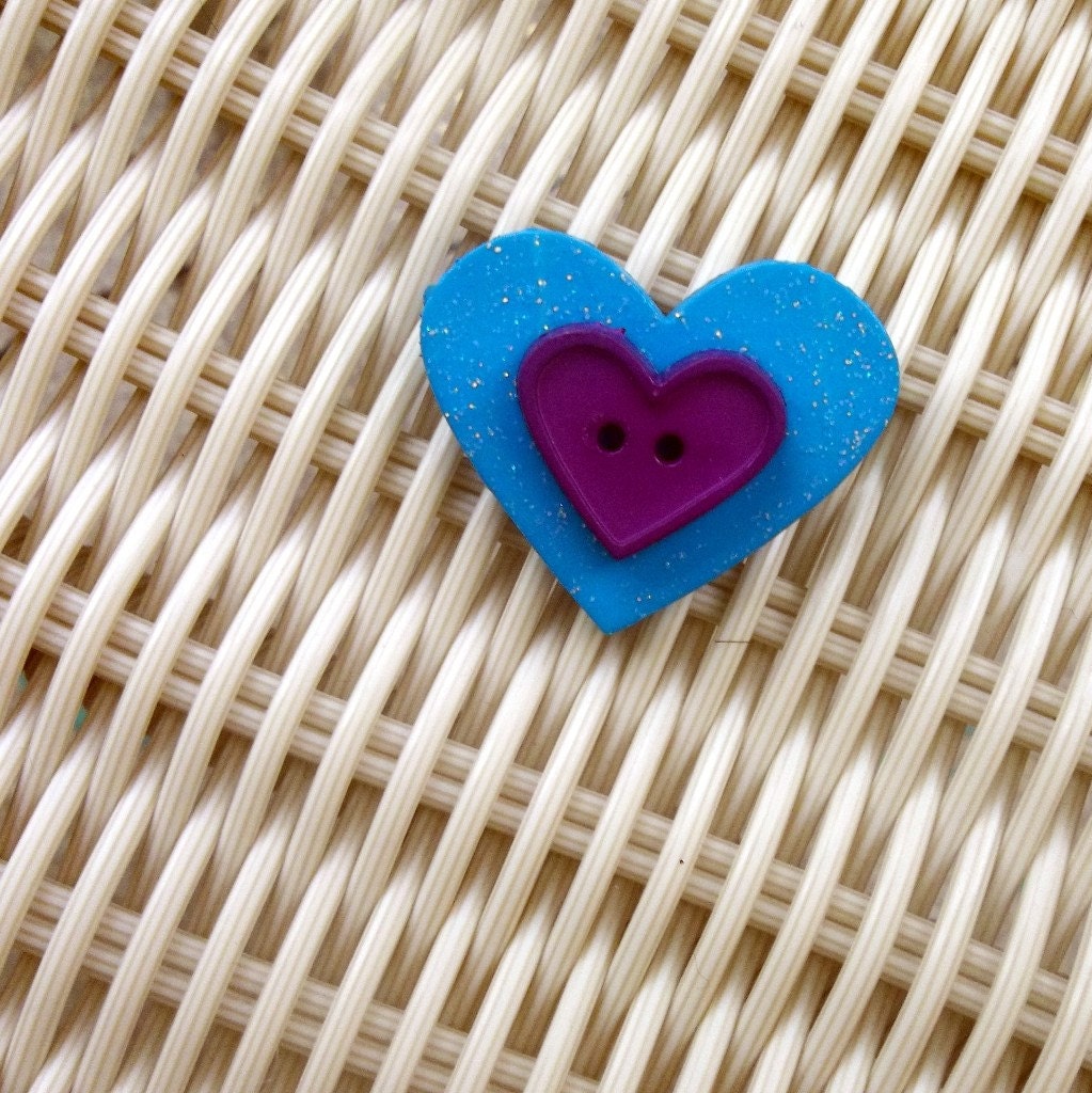 Heart Button Brooch Pin Teal Purple Valentines Day
