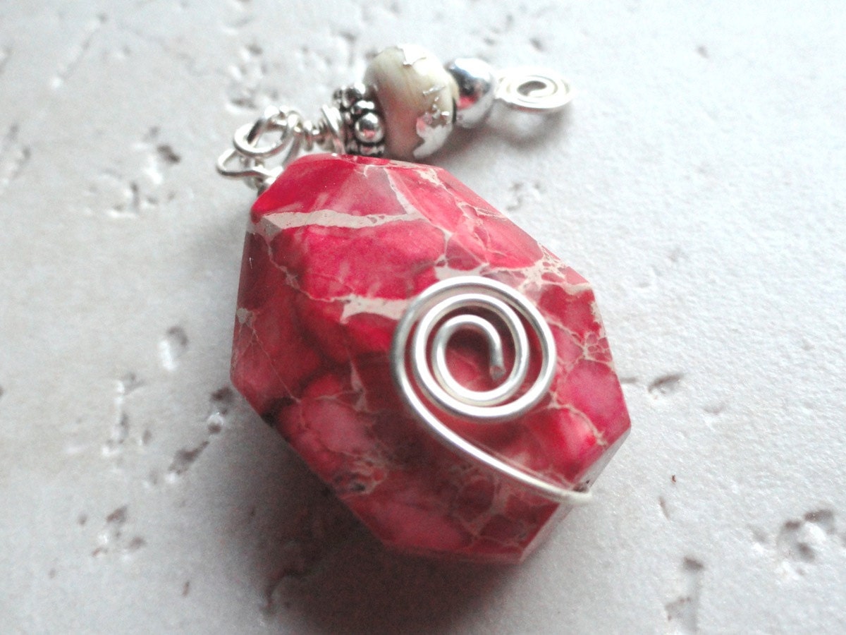 Coral Fushia Jasper Pendant with Ivory Lampwork Bead Dangle