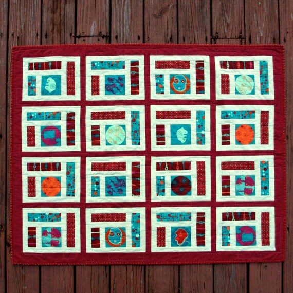 Baby Quilt Modern Burgundy Teal and Green Quilt