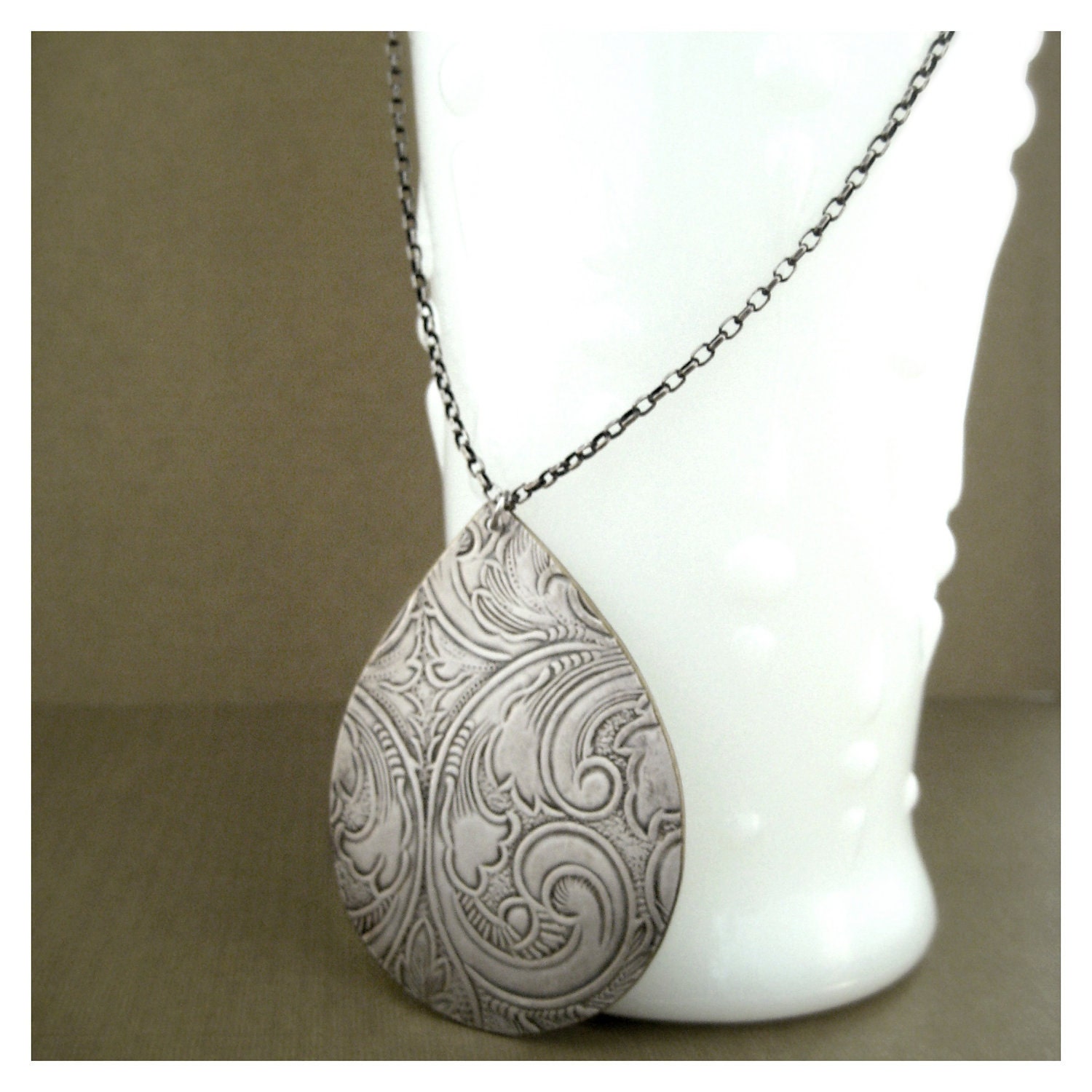Teardrop Necklace By Roia O'Brien - Upcycled Antique Silver Tray - Repurposed Jewelry