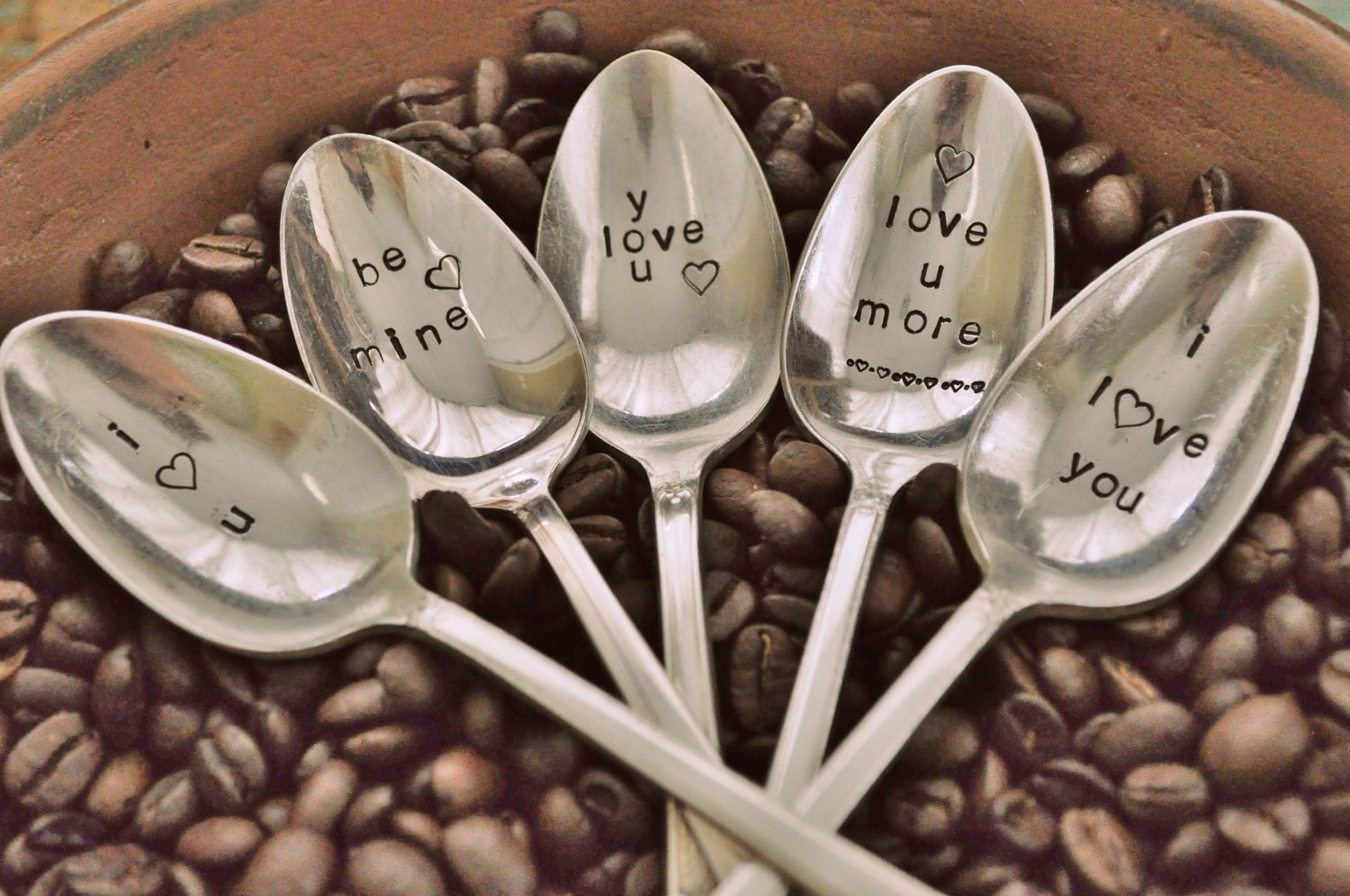 Personalized valentines spoons in coffee bean bowl
