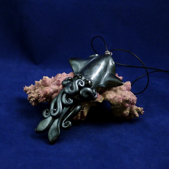 Gray Squid Necklace - Polymer Clay Squid Jewelry