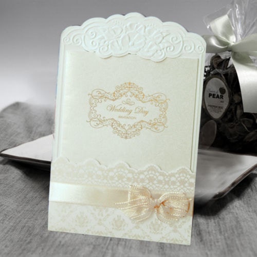 100 Pcs Elegant Lace Embossed Pocket with Ribbon Bow Wedding Invitation Card