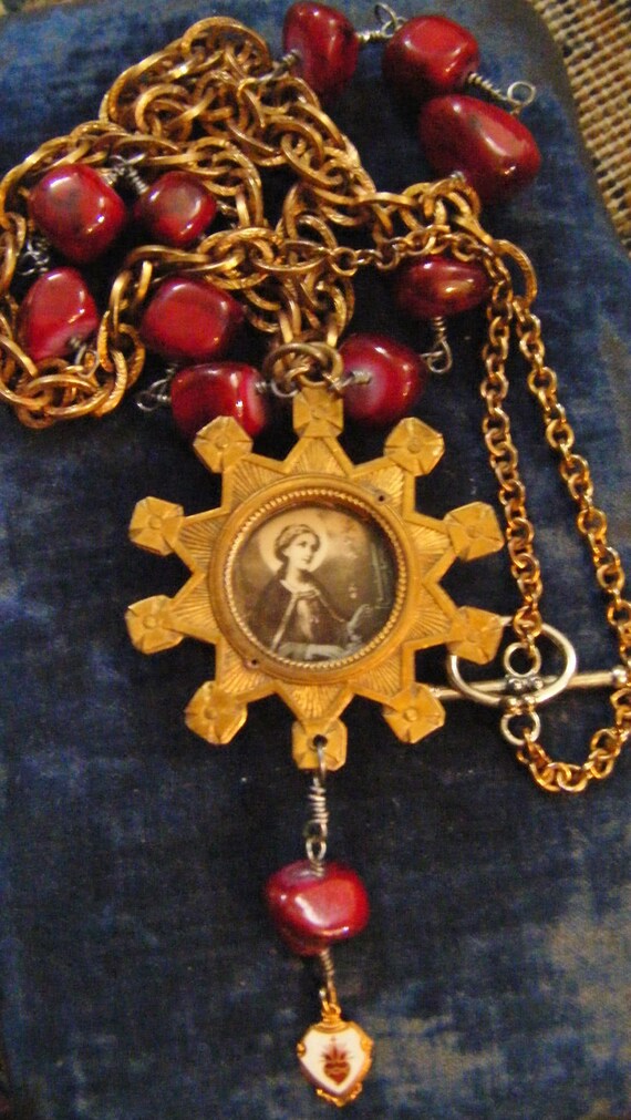 RESERVED Sacred Heart reliquary necklace Ave Maria Madonna vintage assemblage