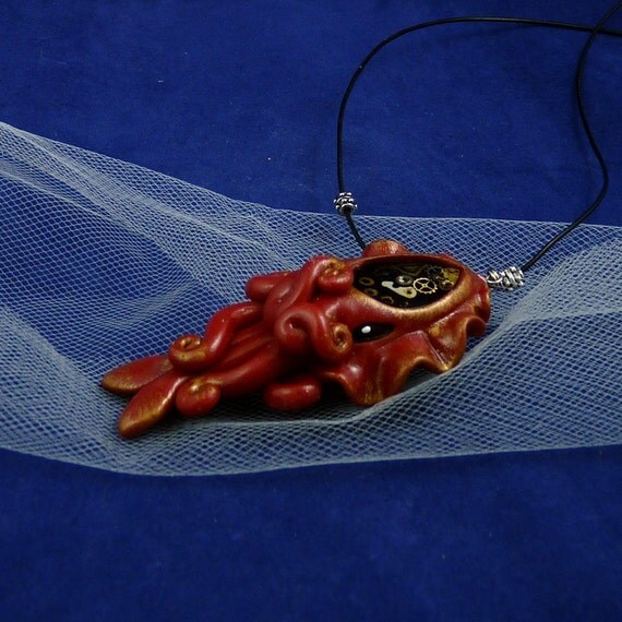 Gilded Steampunk Cuttlefish Necklace - Handmade Polymer Clay Jewelry