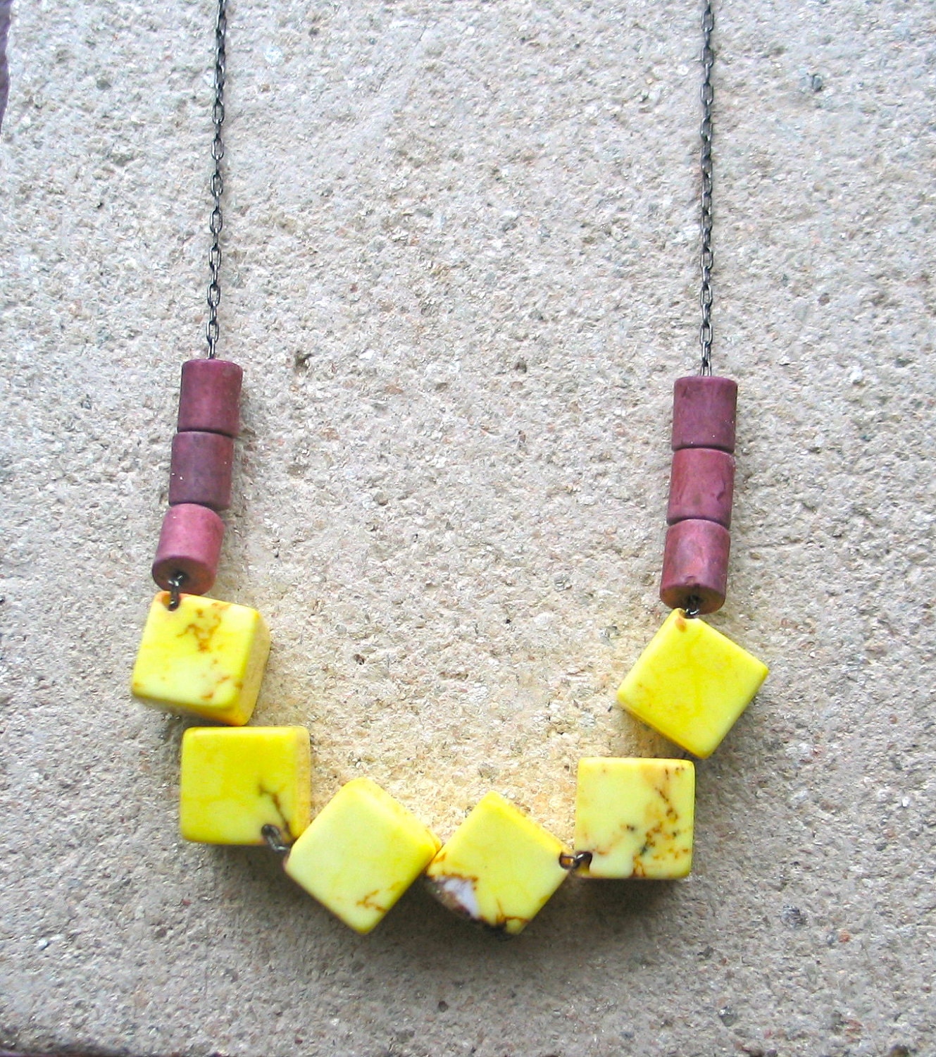 yellow and cranberry geo beaded magnesite necklace