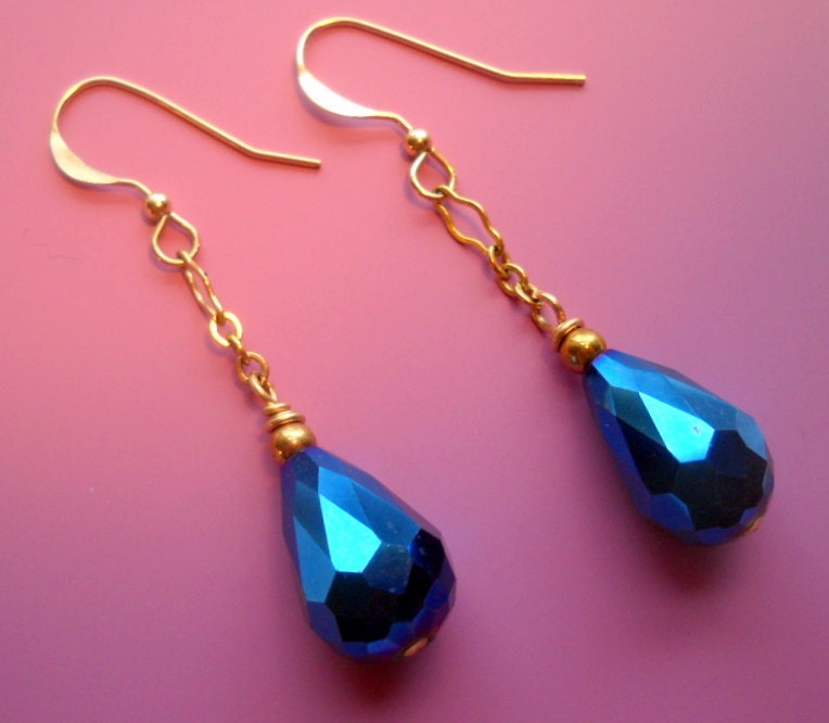 Metallic Blue Faceted Crystals - Gold Chain Earrings