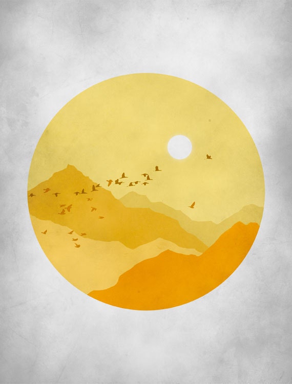 Mid Century Art Print, Orange Yellow Grey, Sunshine, Mountains Abstract Landscape, Bird print - evesand Mid Century Art Print, Orange Yellow Grey, Sunshine, Mountains Abstract Landscape, Bird print - evesand