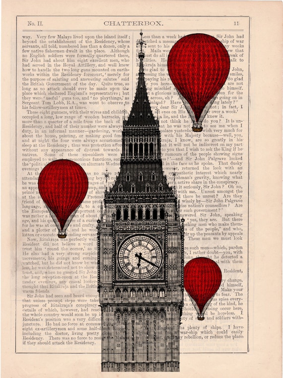 Vintage Book Print - London Big Ben Tower Balloon Ride Print on Vintage Book art