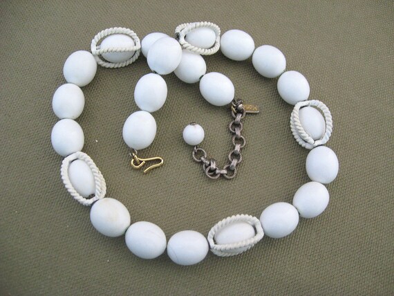 Nautical Vintage Monet White Bead Necklace Earrings Set