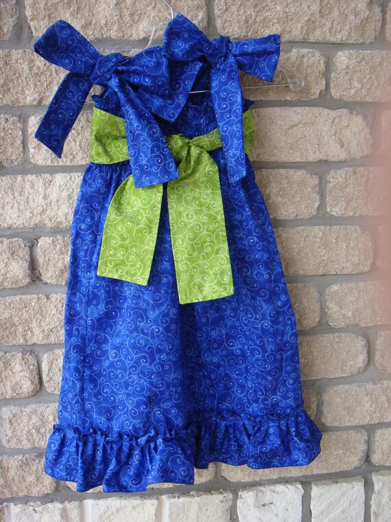 Custom Boutique Royal Blue and Lime Shirred Top Dress size 1 to 8