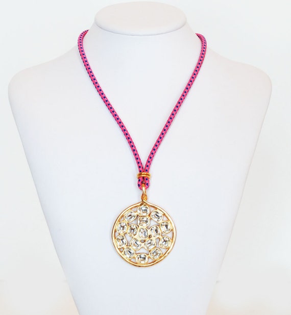 Neon Pink Statement Circle Crystal Stone Pendant