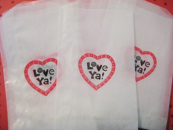 Valentine glassine bags, Love ya, hand stamped, set of 20