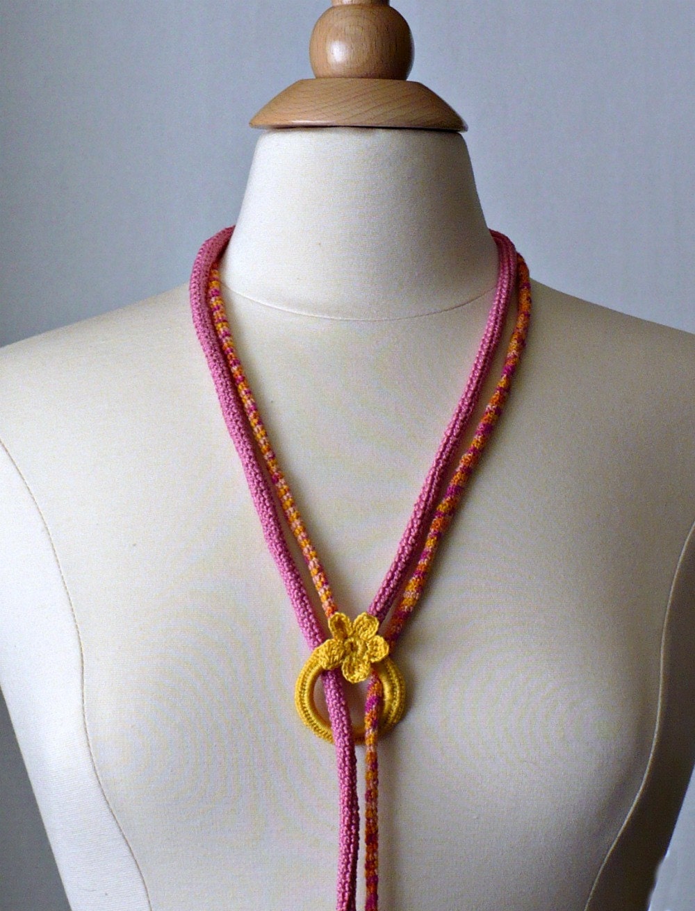 Crochet Necklace Lariat  Fuchsia Orange Yellow