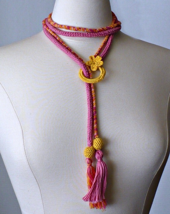 Crochet Necklace Lariat  Fuchsia Orange Yellow