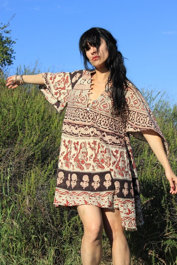 Bohemian Summer One of a Kind Vintage Indian Cotton Mini Dress Circa 1960s 1970s