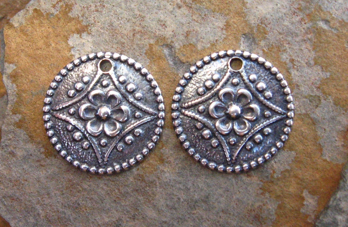 4 Antique Silver Embossed Flower Charm - Trinity Brass Co. LOW SHIPPING